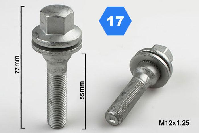 M12x1,25 Wielbout Peugeot/Citroen, Platte kop, Draadlengte 55mm, SW 17